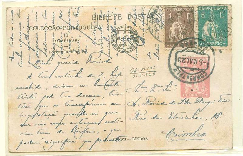 22Lis_0385.jpg -     Lote:    385            Portugal       Descrição:         1921 &mdash; Ceres. Colecção Portuguesa, ilustrada no verso com aguarelas de Alfredo Roque Gameiro. Bilhetes-postais Particulares. OM5 (n.º 10 &mdash; OVARINAS", 6C. Rosa escuro, circulado Lisboa (04.05.23) para Coimbra (05.05.23), com selos adicionais Ceres de 1c castanho e 8 c verde CE221 e 237. MB e MR.        IC       Valor Base:     &euro; 30,00     Valor Venda:     &euro; 48,00     