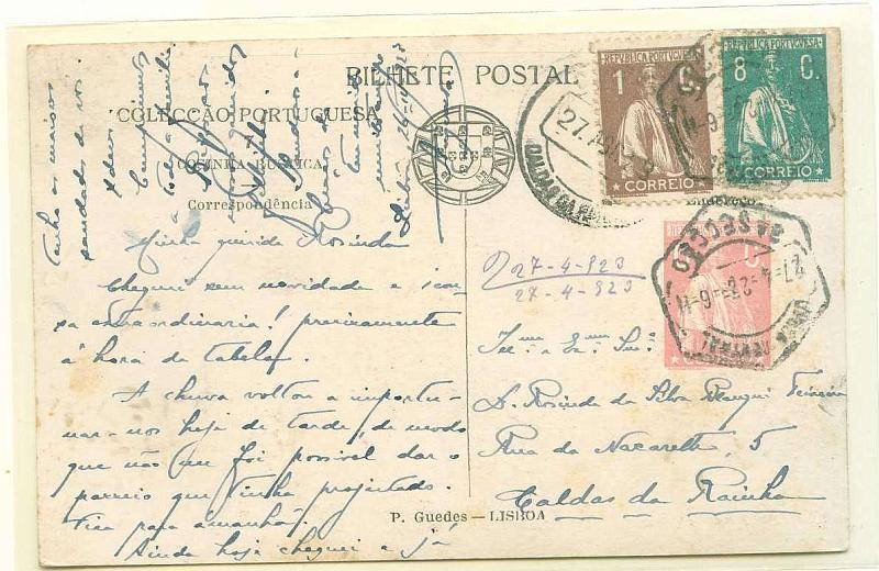 22Lis_0387.jpg -     Lote:    387            Portugal       Descrição:         1921 &mdash; Ceres. Colecção Portuguesa, ilustrada no verso com aguarelas de Alfredo Roque Gameiro. Bilhetes-postais Particulares. OM5 (n.º 7 &mdash; COSINHA RÚSTICA", 6C. Rosa escuro, circulado Lisboa (27.04.23) para Caldas da Rainha (27.04.23), com selos adicionais Ceres de 1c castanho e 8 c verde CE221 e 237. MB e MR.        IC       Valor Base:     &euro; 30,00     Valor Venda:     &euro; 30,00     