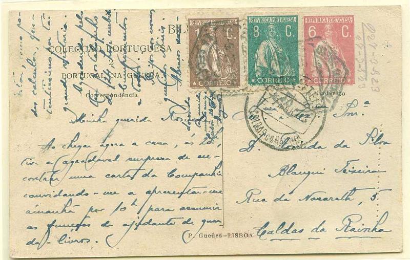 22Lis_0388.jpg -     Lote:    388            Portugal       Descrição:         1921 &mdash; Ceres. Colecção Portuguesa, ilustrada no verso com aguarelas de Alfredo Roque Gameiro. Bilhetes-postais Particulares. OM5 (n.º 2 &mdash; PORTUGAL NA GUERRA", 6C. Rosa escuro, circulado Lisboa (21.04.23) para Caldas da Rainha (22.04.23), com selos adicionais Ceres de 1c castanho e 8 c verde CE221 e 237. MB e MR.        IC       Valor Base:     &euro; 30,00     Valor Venda:     &euro; 55,00     