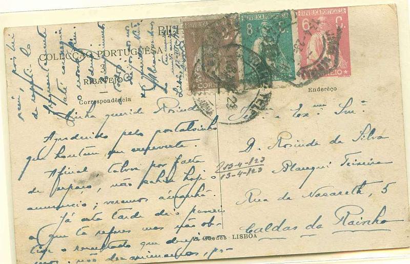 22Lis_0389.jpg -     Lote:    389            Portugal       Descrição:         1921 &mdash; Ceres. Colecção Portuguesa, ilustrada no verso com aguarelas de Alfredo Roque Gameiro. Bilhetes-postais Particulares. OM5 (n.º 3 - RIBATEJO", 6C. Rosa escuro, circulado Lisboa (13.04.23) para Caldas da Rainha (13.04.23), com selos adicionais Ceres de 1c castanho e 8 c verde CE221 e 237. MB e MR.        IC       Valor Base:     &euro; 30,00     Valor Venda:     Retirado     