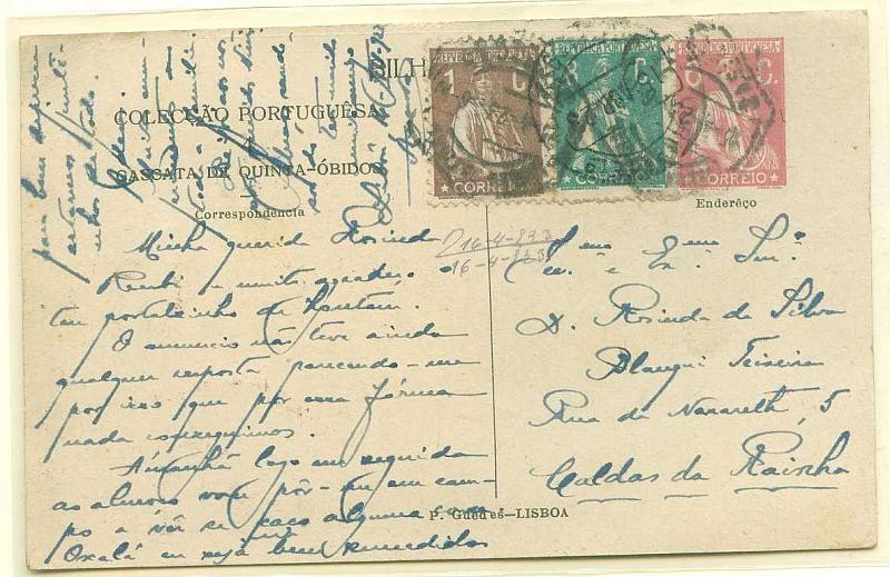 22Lis_0390.jpg -     Lote:    390            Portugal       Descrição:         1921 &mdash; Ceres. Colecção Portuguesa, ilustrada no verso com aguarelas de Alfredo Roque Gameiro. Bilhetes-postais Particulares. OM5 (n.º 4 - CASCATA DE QUINTA - ÓBIDOS", 6C. Rosa escuro, circulado Lisboa (15.04.23) para Caldas da Rainha (15.04.23), com selos adicionais Ceres de 1c castanho e 8 c verde CE221 e 237. MB e MR.        IC       Valor Base:     &euro; 30,00     Valor Venda:     &euro; 55,00     