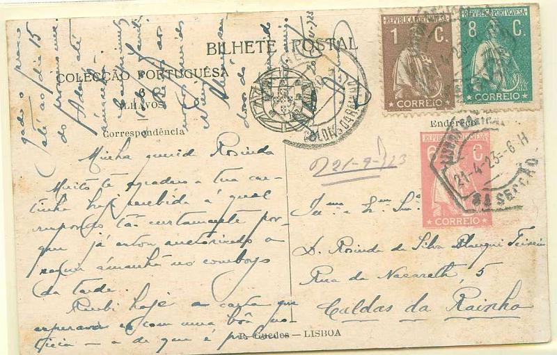 22Lis_0391.jpg -     Lote:    391            Portugal       Descrição:         1921 &mdash; Ceres. Colecção Portuguesa, ilustrada no verso com aguarelas de Alfredo Roque Gameiro. Bilhetes-postais Particulares. OM5 (n.º - 6 ILHAVOS", 6C. Rosa escuro, circulado Lisboa (21.04.23) para Caldas da Rainha (22.04.23), com selos adicionais Ceres de 1c castanho e 8 c verde CE221 e 237. MB e MR.        IC       Valor Base:     &euro; 30,00     Valor Venda:     &euro; 30,00     