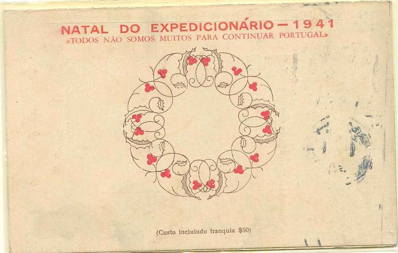 22Lis_0394.jpg -     Lote:    394            Portugal       Descrição:         1941 &mdash; Forças Mobilizadas &mdash; 2.ª Guerra Mundial. Bilhetes postais de Boas Festas da emissão de 1937, com sobrecarga vermelha "NATAL DO EXPEDICIONÁRIO &mdash; 1941 / TODOS NÃO SOMOS MUITOS PARA CONTINUAR PORTUGAL". OM FM1, $25 azul (9) * Adoração, tipo aspas baixas. Circulado de Praia da Vitória (02.01.42) para Lisboa (10.01.42).        IC       Valor Base:     &euro; 20,00     Valor Venda:     &euro; 20,00     