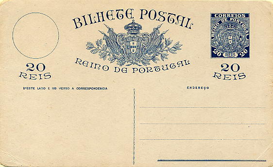 22Lis_0395.jpg -     Lote:    395            Portugal       Descrição:         1919 &mdash; Escudo Nacional Monárquico. Não emitidos. Inteiro postal de 20 reis, azul-escuro, sobre cartolina branca. Muito bem conservado.        IN       Valor Base:     &euro; 5,00     Valor Venda:     Retirado     
