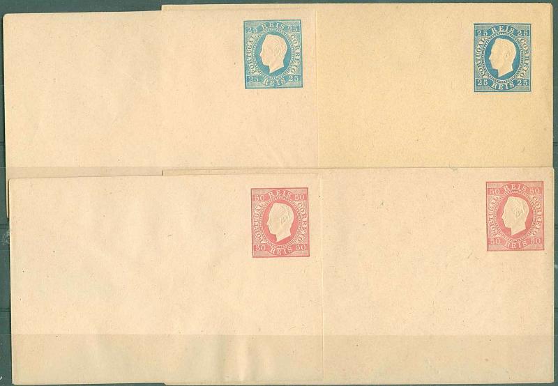 22Lis_0398.jpg -     Lote:    398            Portugal       Descrição:         1878/79 &mdash; D. Luís I. Fita direita. Impressão com relevo. Sobrescritos. OM, 25 reis e OM2, 50 reis. Lote de 4 sobrescritos, sendo dois de 25 reis (tipo A e B) e 2 de 50 reis (tipo A e B), com tonalidades de cor.        IN       Valor Base:     &euro; 10,00     Valor Venda:     Retirado     