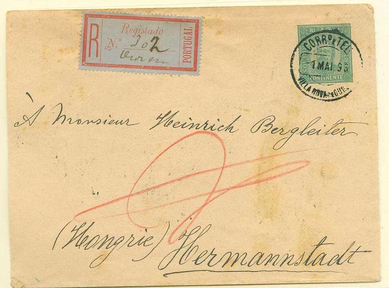 22Lis_0399.jpg -     Lote:    399            Portugal       Descrição:         1893 &mdash; D. Carlos I (Diogo Neto). Sobrescritos. OM3, 25 reis verde em papel camurça claro, circulado registado de Vila Nova de Ourém (01.05.1893) para a Hungria (08.05.1893) com trânsito por Lisboa (02.05.93), com 8 selos adicionais no verso D. Luís I com sobrecarga Provisório, sendo um de 5 reis preto CE82 e 7 selos de 10 reis verde CE83. MB e MR.        IC       Valor Base:     &euro; 480,00     Valor Venda:     Retirado     