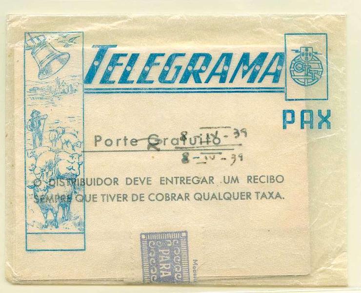22Lis_0407.jpg -     Lote:    407            Portugal       Descrição:         1939 &mdash; PAX. Impressos de Telegramas. OM PAX4 * PAX2 &mdash; COM SINCEROS VOTOS DE FELICIDADES / E ALEGRIA NAS FESTAS DA PÁSCOA"". Remetido da Póvoa de Varzim para Lisboa (07.04.39). Inteiro completo dentro do sobrescrito ilustrado, transparente, onde era distribuído. Editados apenas 3.079 exemplares. MB e MR.        IC       Valor Base:     &euro; 20,00     Valor Venda:     Retirado     