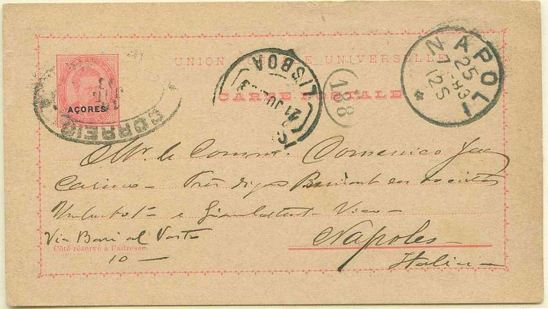 22Lis_0413.jpg -     Lote:    413            Açores       Descrição:         1884/87 &mdash; D. Luís I, de frente, sobrecarga Açores pequena. OM15, 20 reis carmim, circulado do Faial (14.07.93) para a Itália (25.07.93) com trânsito por Lisboa (21.07.93). Circulado cerca de um mês antes de serem retirados de circulação (20.08.93). B.        IC       Valor Base:     &euro; 22,00     Valor Venda:     Retirado     