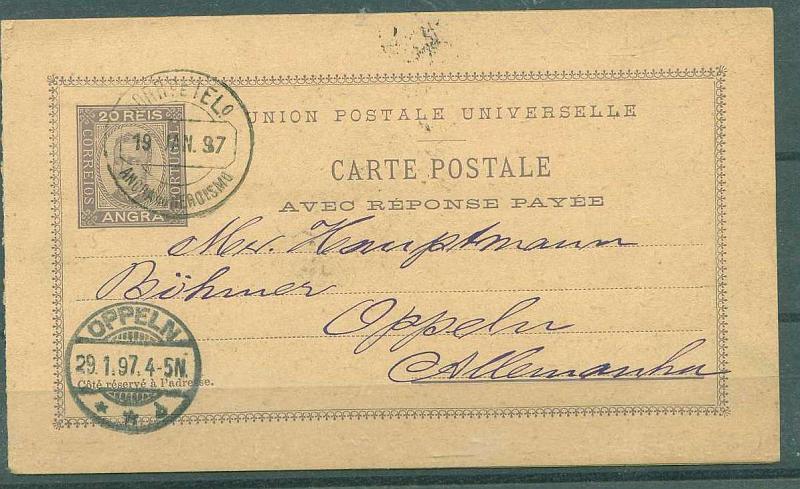 22Lis_0417.jpg -     Lote:    417            Açores       Descrição:         1892/95 &mdash; D. Carlos I Diogo Neto. OM5, 20+20 reis violeta, sobre cartolina camurça, circulado de Angra do heroísmo (19.01.97) para a Alemanha (29.01.97) com trânsito por Lisboa (25.01.97).        IC       Valor Base:     &euro; 15,00     Valor Venda:     &euro; 26,00     