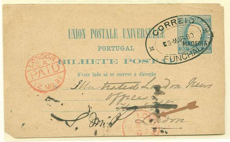 22Lis_0420.jpg -     Lote:    420            Madeira       Descrição:         1879 - D. Luís I. Fita direita. Impressão em relevo. OM4a, azul claro sobre cartolina camurça com fios de seda, circulado do Funchal (03.03.80) para Londres (12.03.80). Defeito no canto esquerdo inferior.        IC       Valor Base:     &euro; 10,00     Valor Venda:     &euro; 42,00     