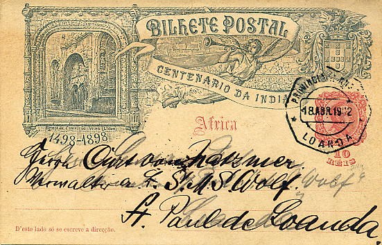 22Lis_0427.jpg -     Lote:    427            Angola       Descrição:         1898 &mdash; 4.º Centenário de Descobrimento Marítimo para a Índia emissão para África. OM1F, 10 reis rosa carmim, circulado internamente em Luanda (18.04.1902) para bordo do S.M.S. Wolf. MB e R.        IC       Valor Base:     &euro; 10,00     Valor Venda:     &euro; 10,00     
