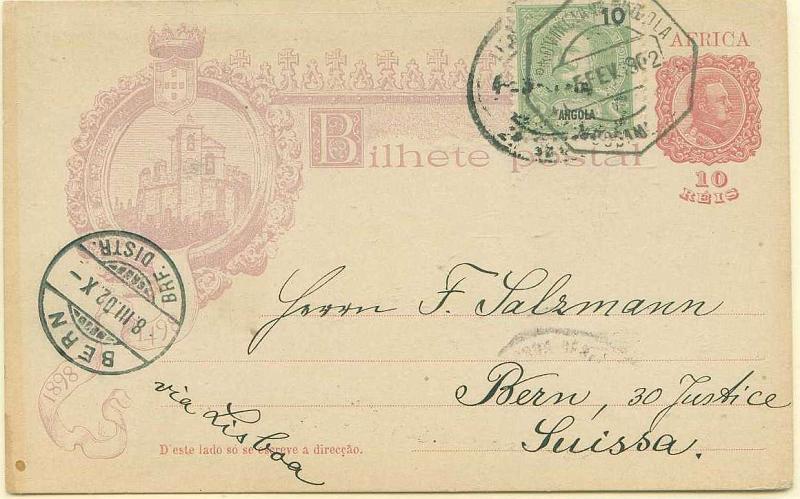 22Lis_0431.jpg -     Lote:    431            Angola       Descrição:         1898 &mdash; 4.º Centenário do Descobrimento do Caminho Marítimo para a Índia, emissão para África. OM1H, 10 reis rosa carmim, circulado de Moçamedes (05.02.1902) para Berna (08.03.02), com selo adicional de 10 reis verde D. Carlos I Mouchon.        IC       Valor Base:     &euro; 15,00     Valor Venda:     &euro; 22,00     