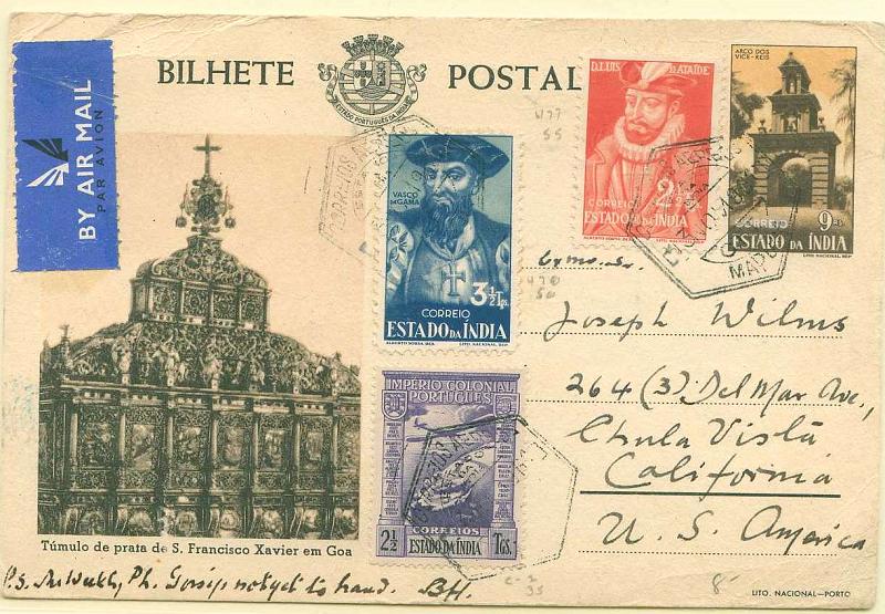 22Lis_0441.jpg -     Lote:    441            Índia       Descrição:         1946 &mdash; Motivos Históricos. Desenhos de Alberto de Sousa OM42G (Túmulo de prata de S. Francisco Xavier, a sépia), 9 reis castanho-laranja, circulado por via aérea de Mapuça (13.11.51) para os EUA com selos adicionais de 3 &frac12; T CE382, 2 &frac12; T CE387 e 2 &frac12; T CE CA2. MB e R.        IC       Valor Base:     &euro; 15,00     Valor Venda:     &euro; 48,00     