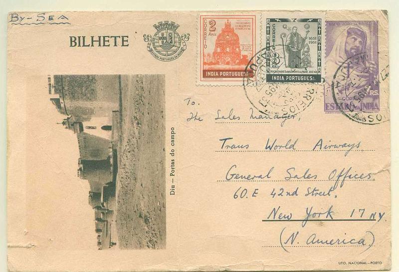 22Lis_0442.jpg -     Lote:    442            Índia       Descrição:         1946 &mdash; Motivos históricos. OM41, 7 reis lilás (Diu &mdash; Portas do campo) circulado de Mapuça (27.05.953)  para os EUA com selos adicionais de 2 reis e 3 reis CE417/18.        IC       Valor Base:     &euro; 8,00     Valor Venda:     &euro; 16,00     