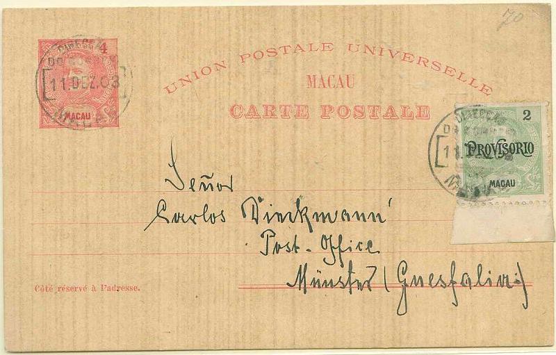22Lis_0445.jpg -     Lote:    445            Macau       Descrição:         1903 &mdash; D. Carlos I Mouchon. OM6, 4 avos, rosa sobre cartolina camurça, circulado de Macau (11.12.03) para a Alemanha, com selo adicional de 2 avos verde amarelo D. Carlos I Mouchon com sobrecarga Provisório CE124.        IC       Valor Base:     &euro; 30,00     Valor Venda:     &euro; 30,00     