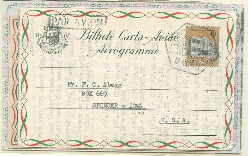 22Lis_0449.jpg -     Lote:    449            Macau       Descrição:         1955/57 &mdash; Aerogramas. Lote de três aerogramas sendo dois OM4 e OM5, circulados para os EUA e o terceiro moderno (não catalogado) circulado para a Alemanha.        ARG       Valor Base:     &euro; 5,00     Valor Venda:     &euro; 6,00     