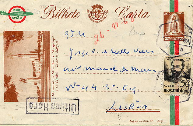 22Lis_0456.jpg -     Lote:    456            Moçambique       Descrição:         1948 &mdash; Vistas de Macau. OM8, variedade I, 2$50 castanho-amarelo (Monumento a Mouzinho de Albuquerque 7 Lourenço Marques) sobre papel branco, circulado da Beira (26.11.48) para Lisboa (01.12.48), com selo adicional de $50 António Enes CE322, para pagamento da Taxa de Última Hora. Carimbo rectangular batido a preto "ÚLTIMA HORA". MB e MR.        ARG       Valor Base:     &euro; 30,00     Valor Venda:     &euro; 34,00     