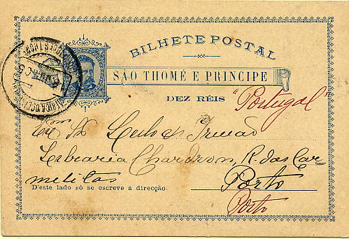 22Lis_0461.jpg -     Lote:    461            S. Tomé e Príncipe       Descrição:         1885 &mdash; D. Luís I. OM1, 10 reis azul, sobre cartolina camurça clara, circulado de S. Tomé (18.06.05) para o Porto.        IC       Valor Base:     &euro; 3,00     Valor Venda:     Retirado     