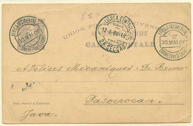 22Lis_0462.jpg -     Lote:    462            S. Tomé e Príncipe       Descrição:         1903 &mdash; D. Carlos I Mouchon. OM10, 20 reis violeta sobre cartolina camurça, circulado de S. Tomé (30.05.1908) para Java com trânsito por Lisboa (12.06.08) e Paris (15.06.08). Muito rara circulação.        IC       Valor Base:     &euro; 35,00     Valor Venda:     Retirado     