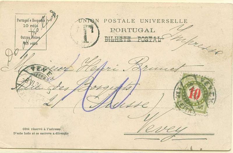 22Lis_0470.jpg -     Lote:    470            Portugal       Descrição:         1895/96 &mdash; D. Carlos I Mouchon. Postal ilustrado circulado de Lisboa (04.06.1904) para a Suiça (08.06.04) com selo de 5 reis laranja na frente. Circulado como impresso, foi porteado por insuficiência de porte na Suiça com selo de 10c.        PI       Valor Base:     &euro; 16,00     Valor Venda:     &euro; 16,00     