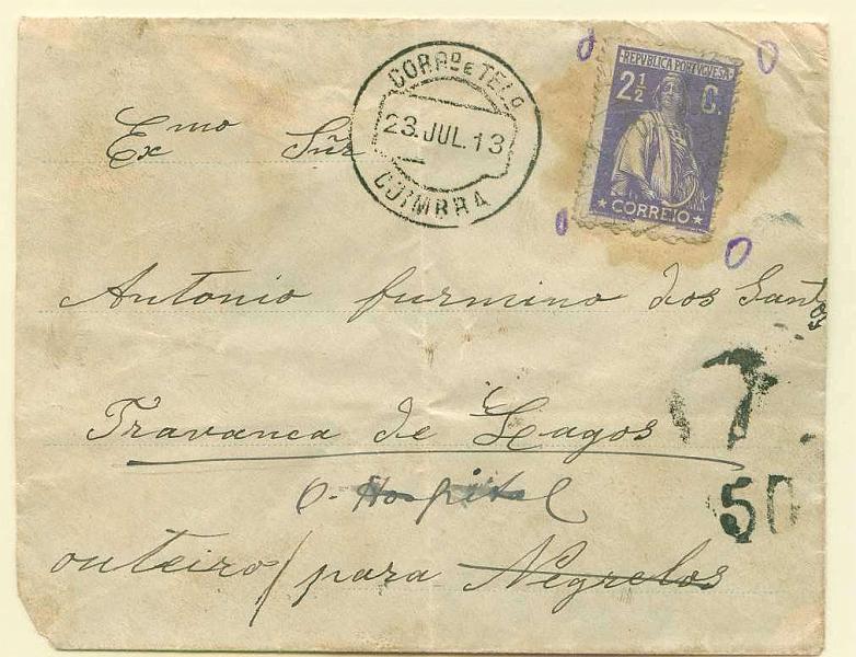 22Lis_0473.jpg -     Lote:    473            Portugal       Descrição:         1912 &mdash; Ceres. Sobrescrito circulado de Coimbra (23.07.13) para Travanca  de Lagos (29.07.13) com trânsito por Negrellos (30.07.13). Por ter sido utilizado um selo Ceres de 2 &frac12; c já servido, foi a carta porteada com o dobro do porte em falta 5c, por selo fixo do período pré-filatélico de 50 reis, equivalente a 5c. MB e MR.        Carta       Valor Base:     &euro; 150,00     Valor Venda:     Retirado     