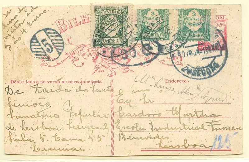 22Lis_0474.jpg -     Lote:    474            Portugal       Descrição:         1931 &mdash; Lusíadas. OM80, 25c carmim em cartolina branca, circulado em Lisboa (30.12.1934). Tendo sido utilizado espaços não destinados a correspondência, foi porteado com carta, pagando o dobro do porte em falta (30 ctvs), em selos de 3c (2) e 24c CE POR24 e 35.        IC       Valor Base:     &euro; 10,00     Valor Venda:     Retirado     