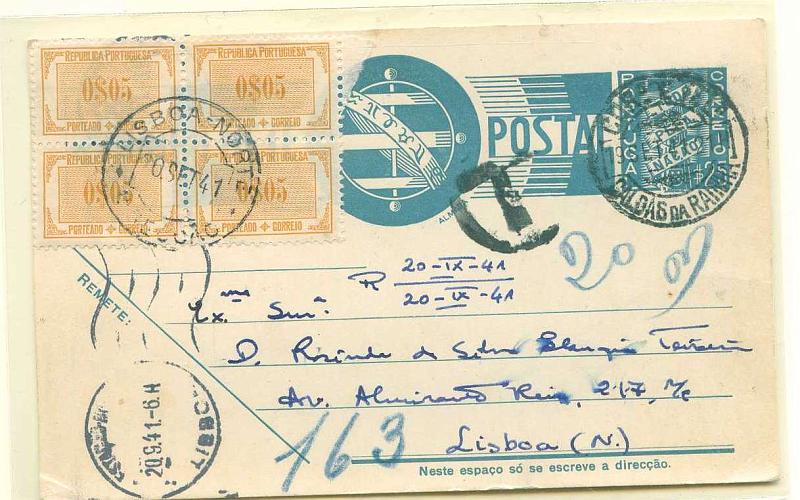 22Lis_0477.jpg -     Lote:    477            Portugal       Descrição:         1936/39 &mdash; Ceres. OM83, $25 azul cinzento claro sobre cartolina branca, circulado das Caldas da Rainha (19.09.41) para Lisboa (20.09.41) com insuficiência de porte (porte em vigor de $30). Deveria ter sido porteado no dobro do porte em falta $05 x 2 = $10. Porém por erro de cálculo foi o inteiro porteado em $20 indevidamente. MB e MR.        IC       Valor Base:     &euro; 25,00     Valor Venda:     &euro; 42,00     