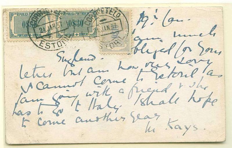 22Lis_0479.jpg -     Lote:    479            Portugal       Descrição:         1932/33 &mdash; Tipo Etiqueta. Postal ilustrado circulado de Inglaterra (19.01.37) para o Estoril (24.01.37), porteado com selo de $10 e par de $30, CE POR46 e 48.        PI       Valor Base:     &euro; 5,00     Valor Venda:     &euro; 22,00     