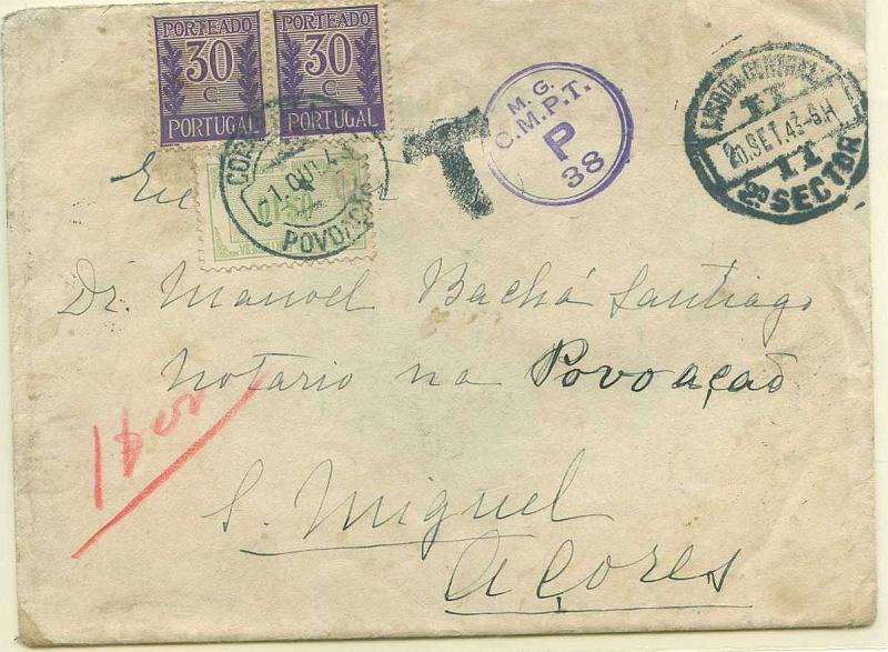 22Lis_0482.jpg -     Lote:    482            Portugal       Descrição:         1940 &mdash; Algarismo ladeado de ramos + tipo Etiqueta. Sobrescrito circulado sem franquia de Lisboa (20.09.43) para Povoação (03.10.43), com trânsito por Ponta Delgada (30.09.43), censurada (carimbo circular batido a violeta). Foi porteado pelo dobro do porte em falta com 2 selos de $30 violeta CE POR 55 e $10 verde azul CE POR46 (total de $70 quando deveria ser 1$00. Não há sinais de perda de selo). B e R.        Carta       Valor Base:     &euro; 8,00     Valor Venda:     &euro; 8,00     