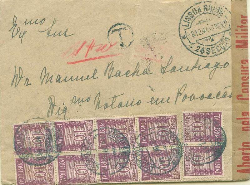 22Lis_0483.jpg -     Lote:    483            Portugal       Descrição:         1940 &mdash; Algarismo ladeado de ramos. Sobrescrito circulado sem franquia de Lisboa (08.12.44) para Povoação (19.12.44), com trânsito por Ponta Delgada (19.12.44), censurada (cinta da censura militar de Lisboa). Foi porteado pelo dobro do porte em falta com 10 selos de $10 lilás CE POR 55. B e R.        Carta       Valor Base:     &euro; 10,00     Valor Venda:     &euro; 14,00     