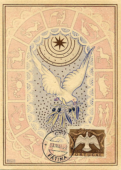 22Lis_0505.jpg -     Lote:    505            Portugal       Descrição:         1951 &mdash; Encerramento do Ano Santo. Pomba da Paz. Inteiro Postal  de Boas Festas OM102 (n.º 57), concordante com o selo de $20 CE733, obliterados com carimbo de Fátima (13.05.1952). MB.        PM       Valor Base:     &euro; 10,00     Valor Venda:     &euro; 26,00     