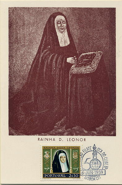 22Lis_0507.jpg -     Lote:    507            Portugal       Descrição:         1958 &mdash; Centenário do Nascimento da Rainha D. Leonor. Lote de 3 postais ilustrados com imagem da Rainha D. Leonor (todos iguais), cada um com selo concordante de 1$00, 1$50 e 2$30, obliterados com carimbo comemorativo da Exposição Filatélica do Clube BP em Lisboa (06.06.1959).        PM       Valor Base:     &euro; 10,00     Valor Venda:     &euro; 42,00     