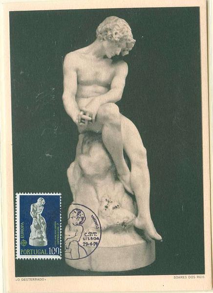 22Lis_0515.jpg -     Lote:    515            Portugal       Descrição:         1974 &mdash; O Desterrado. Europa CEPT &mdash; Escultura. Postal ilustrado com selo concordante de 1$00 CE1209, obliterados com carimbo do 1.º dia de circulação de Lisboa (29.04.74).        PM       Valor Base:     &euro; 10,00     Valor Venda:     &euro; 12,00     