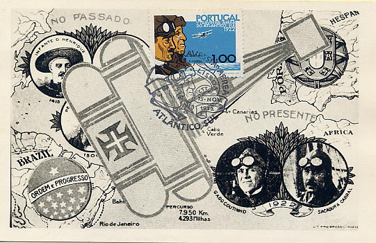 22Lis_0516.jpg -     Lote:    516            Portugal       Descrição:         1972 &mdash; Cinquentenário da 1.ª Travessia Aérea Lisboa-Rio de Janeiro. Postal ilustrado fotográfico, concordante com selo de 1$00, denteado 13 &frac12;, CE1171, obliterado com carimbo de 1.º dia de circulação de Lisboa (15.11.1972).        PM       Valor Base:     &euro; 10,00     Valor Venda:     &euro; 48,00     