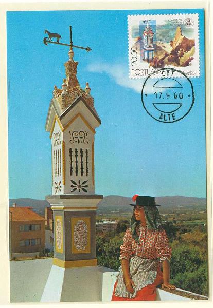22Lis_0521.jpg -     Lote:    521            Portugal       Descrição:         Algarve. Chaminé Algarvia. 1980 &mdash; Conferência Mundial de Turismo. Postal ilustrado com selo de 20$00 CE1479, obliterados com carimbo de Alte (17.09.80 &mdash; 1.º dia de circulação).        PM       Valor Base:     &euro; 5,00     Valor Venda:     Retirado     