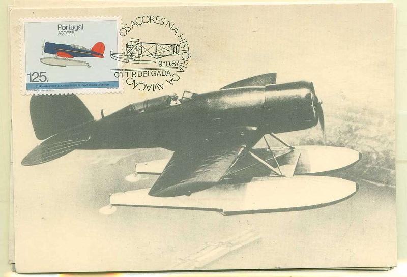 22Lis_0527.jpg -     Lote:    527            Portugal       Descrição:         1987 &mdash; Os Açores na História da Aviação. Lote de 4 postais máximos, todos diferentes, com a série, obliterados com carimbo do 1.º dia de circulação de Ponta Delgada (09.10.1987).        PM       Valor Base:     &euro; 15,00     Valor Venda:     Retirado     
