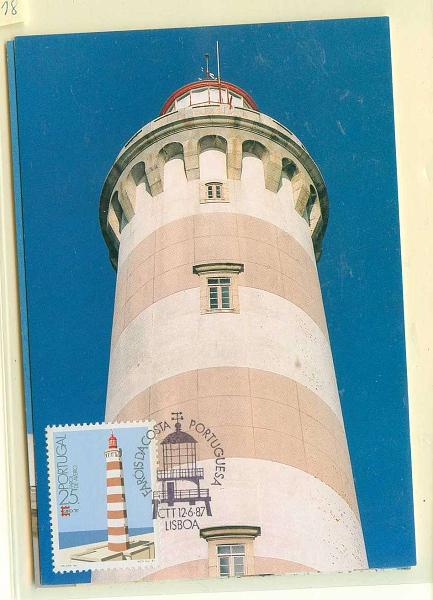22Lis_0530.jpg -     Lote:    530            Portugal       Descrição:         1987 &mdash; Faróis da Costa Portuguesa. Três postais máximos com os faróis de Aveiro, Cabo Mondego e da Berlenga, cada um com um selo concordante, obliterados com carimbo comemorativo do 1.º dia de circulação (12.06.87).        Lote       Valor Base:     &euro; 12,00     Valor Venda:     Retirado     