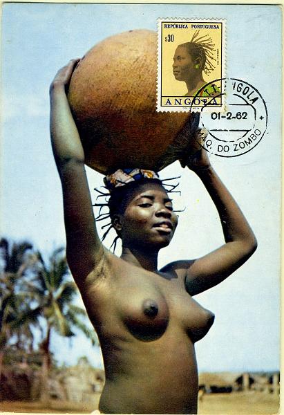 22Lis_0537.jpg -     Lote:    537            Angola       Descrição:         1961 &mdash; Tipos femininos. Postal ilustrado com Garota do Congo, com selo de $30 CE414, obliterados com carimbo de Maquela do Zombo 02.02.62). Carimbo falso.        PM       Valor Base:     &euro; 5,00     Valor Venda:     &euro; 5,00     