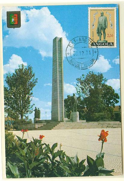 22Lis_0538.jpg -     Lote:    538            Angola       Descrição:         Norton de Matos. 1962 &mdash; Cinquentenário da Fundação de Nova Lisboa. Postal ilustrado com a estátua de Norton de Matos, fundador da Cidade de Nova Lisboa, com selo de 2$50 CE435, obliterados com carimbo de Nova Lisboa (30.12.71).        PM       Valor Base:     &euro; 5,00     Valor Venda:     &euro; 22,00     