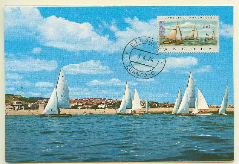 22Lis_0539.jpg -     Lote:    539            Angola       Descrição:         Vela. 1972 &mdash; Jogos Olímpicos 72. CE558, $50 em postal ilustrado concordante, obliterados com carimbo de Luanda (03.04.74) + Estação Terrena &mdash; Via Satélite CE561, $50 em postal ilustrado concordante, obliterados com carimbo de 1.º dia de circulação de Luanda (25.05.74).        PM       Valor Base:     &euro; 10,00     Valor Venda:     Retirado     