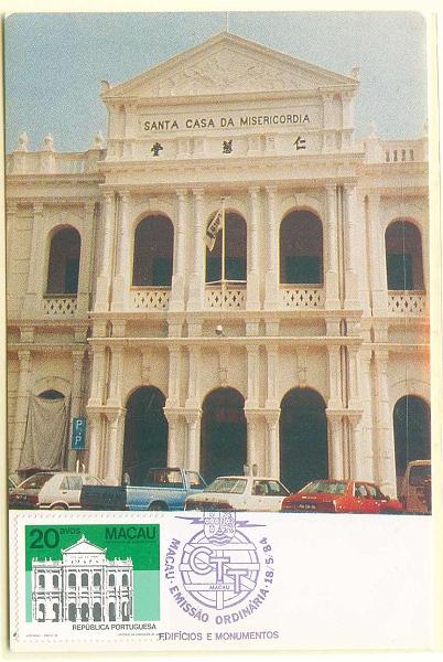 22Lis_0550.jpg -     Lote:    550            Macau       Descrição:         1984 &mdash; Edifícios e Monumentos Públicos de Macau (3.º Grupo). Santa Casa da Misericórdia. Postal ilustrado com selo de 20 avos CE491, obliterados com carimbo de 1.º dia de circulação de Macau (18.05.84).        PM       Valor Base:     &euro; 5,00     Valor Venda:     Retirado     