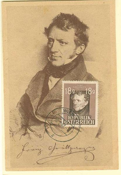22Lis_0564.jpg -     Lote:    564            Estrangeiro       Descrição:      Áustria.   Temática música. Franz Grillparzer. Postal ilustrado com selo de 18+18g, obliterados em Viena (10.11.47).        PM       Valor Base:     &euro; 20,00     Valor Venda:     &euro; 20,00     