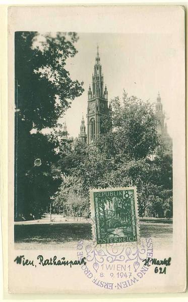 22Lis_0565.jpg -     Lote:    565            Estrangeiro       Descrição:      Áustria.   1947. Parque Rathanspark em Viena. Postal ilustrado fotográfico do parque com selo de 8pf obliterados com carimbo de Viena (08.09.1947.        PM       Valor Base:     &euro; 10,00     Valor Venda:     Retirado     