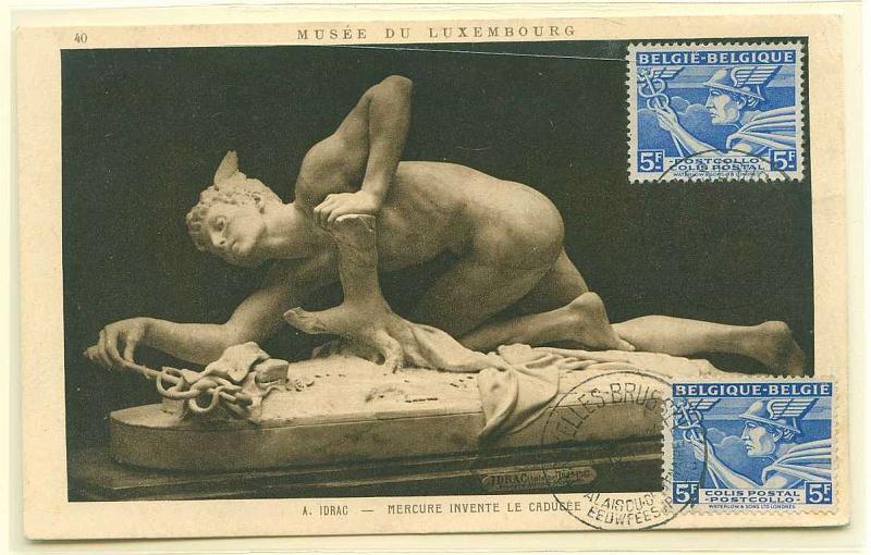 22Lis_0571.jpg -     Lote:    571            Estrangeiro       Descrição:      Bélgica.   1946 &mdash; Mercúrio (Deus). Postal ilustrado com selo de 5F obliterados com carimbo de Bruxelas (01.10.1946).        PM       Valor Base:     &euro; 10,00     Valor Venda:     Retirado     