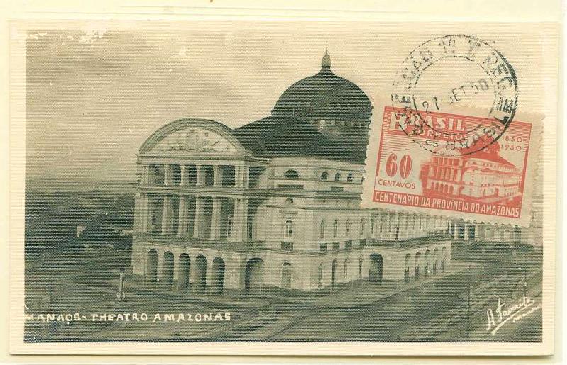 22Lis_0575.jpg -     Lote:    575            Estrangeiro       Descrição:      Brasil.   1950 &mdash; Centenário da Província do Amazonas * Teatro Amazonas. Postal ilustrado de Manaus &mdash; Teatro Amazonas, com selo de 60c, obliterados com carimbo datado de 27.09.30).        PM       Valor Base:     &euro; 20,00     Valor Venda:     Retirado     
