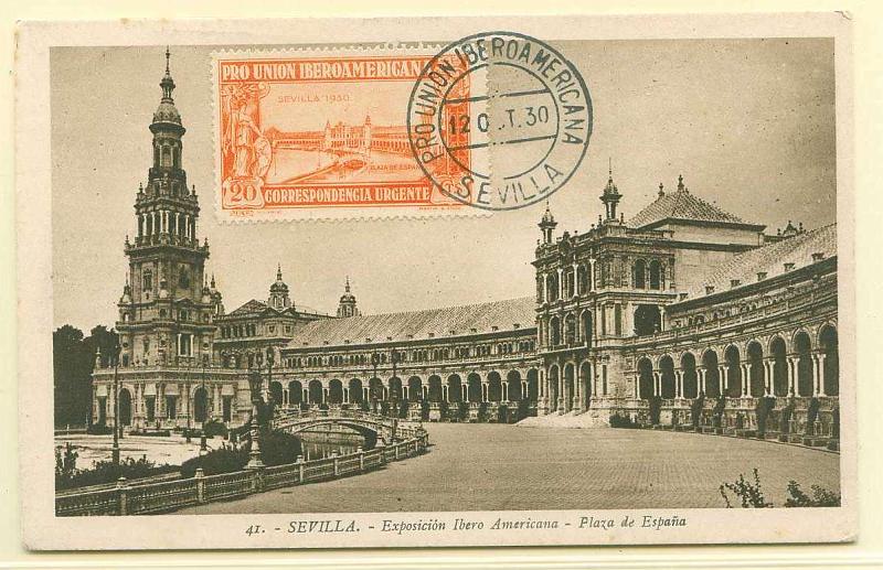 22Lis_0585.jpg -     Lote:    585            Estrangeiro       Descrição:      Espanha.   Sevilha * Praça de Espanha. Postal ilustrado com selo concordante de 20 cts, Yvert EXP12, do Encerramento da Exposição de Sevilha, com marca de dia da Exposição (12.10.30). MB e MR.        PM       Valor Base:     &euro; 60,00     Valor Venda:     Retirado     