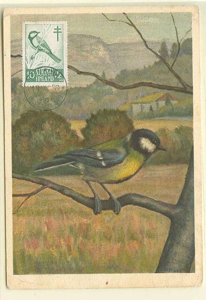 22Lis_0589.jpg -     Lote:    589            Estrangeiro       Descrição:      Finlândia.   1952 &mdash; Aves. Great Titmouse. Postal ilustrado com selos de 10+2 Mk, obliterados com carimbo de Helsínquia (1304.56).        PM       Valor Base:     &euro; 5,00     Valor Venda:     &euro; 5,00     