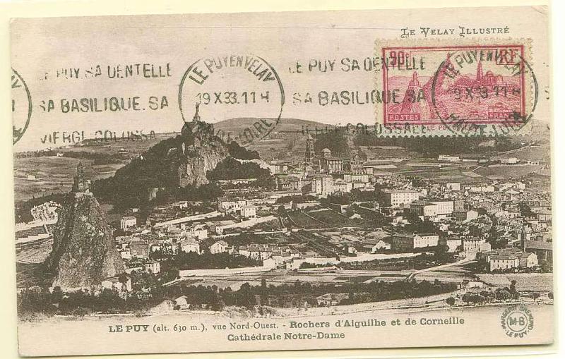 22Lis_0590.jpg -     Lote:    590            Estrangeiro       Descrição:      França.   1933 &mdash; Catedral de Le Puy. Postal ilustrado com selo de 90c, obliterados com carimbo de Le Puy (19.10.1933).        PM       Valor Base:     &euro; 30,00     Valor Venda:     &euro; 55,00     
