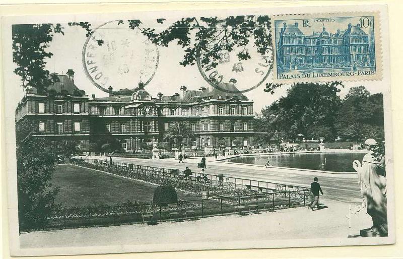 22Lis_0592.jpg -     Lote:    592            Estrangeiro       Descrição:      França.   1946 &mdash; Palácio do Luxemburgo em Paris. Postal ilustrado com selo de 10FF, obliterados com carimbo de Paris (29.07.1946).        PM       Valor Base:     &euro; 15,00     Valor Venda:     Retirado     