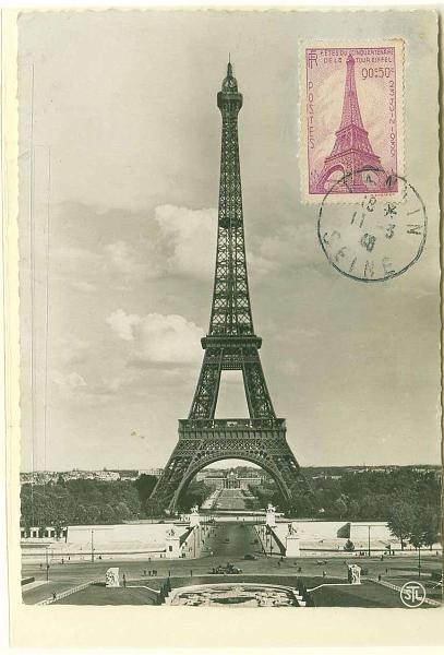 22Lis_0594.jpg -     Lote:    594            Estrangeiro       Descrição:      França.   1948 &mdash; Torre Eiffel. Postal ilustrado com selo de 90c + 50c Festas do Cinquentenário da Torre Eiffel, obliterados com carimbo de Seine (11.03.1948).        PM       Valor Base:     &euro; 15,00     Valor Venda:     Retirado     